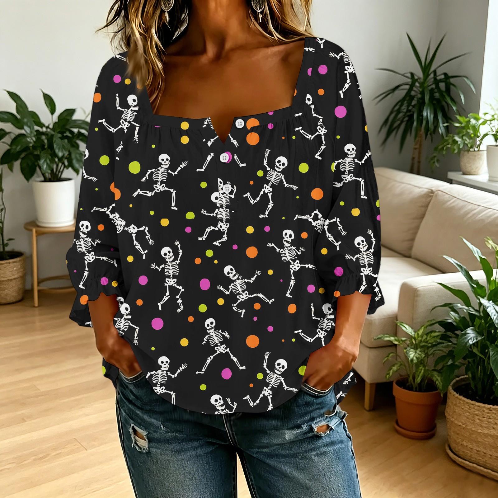 Women s Halloween Square Neck Button Front T-Shirt with 3D Print S