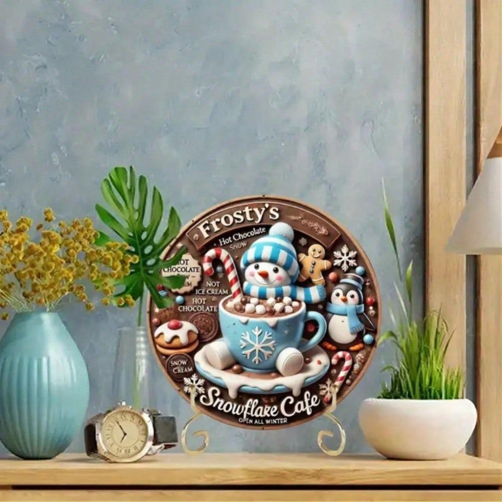 Winter Joy Cafe Metal Wall Art Frosty Snowflake Round Sign Home Decor Gift