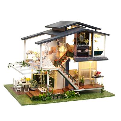 Moin Moin Dollhouse Miniature DIY Kit Mansion with a Terrace Fancy Romantic Style LED Light Acrylic Case Music Box Set, 1/24 Scale, 3-Story,