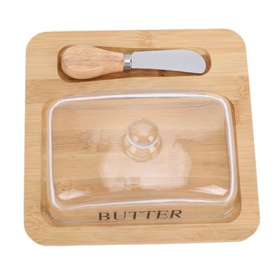 Wood Dish with Clear Glass Lid Cutting Tool Easy To Clean Container for Cheese Cake Dessert