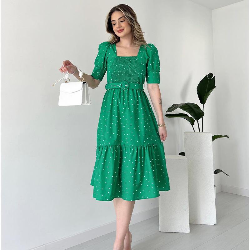 

2024 Summer European & American Elegant Polka Dot Square Neck Slimming Dress XXL зелёный
