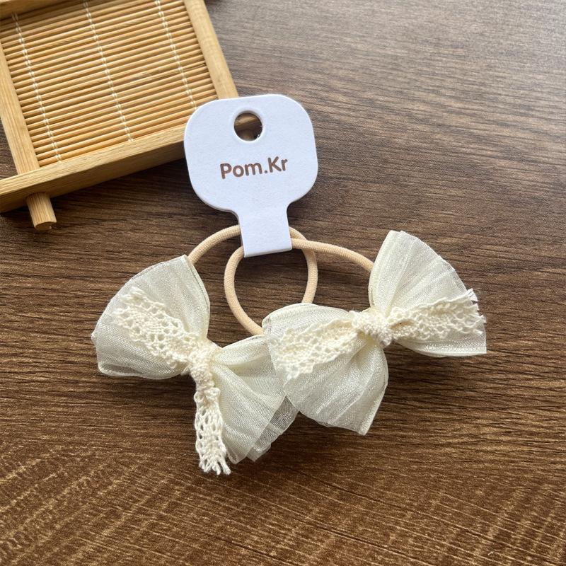 2pcs/set Beige Color Cute Lace Bow Hair Ties for Girls Fashionable Stretch Versatile Kids Ponytail Holders with Floral Lace Trim