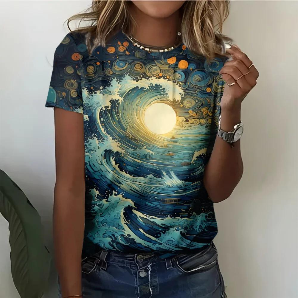 Fashionable Ocean Style Wave Moon Printed Daily Casual Women's Summer Versatile Short Sleeved T-shirt Pullover Y2K Streetwear