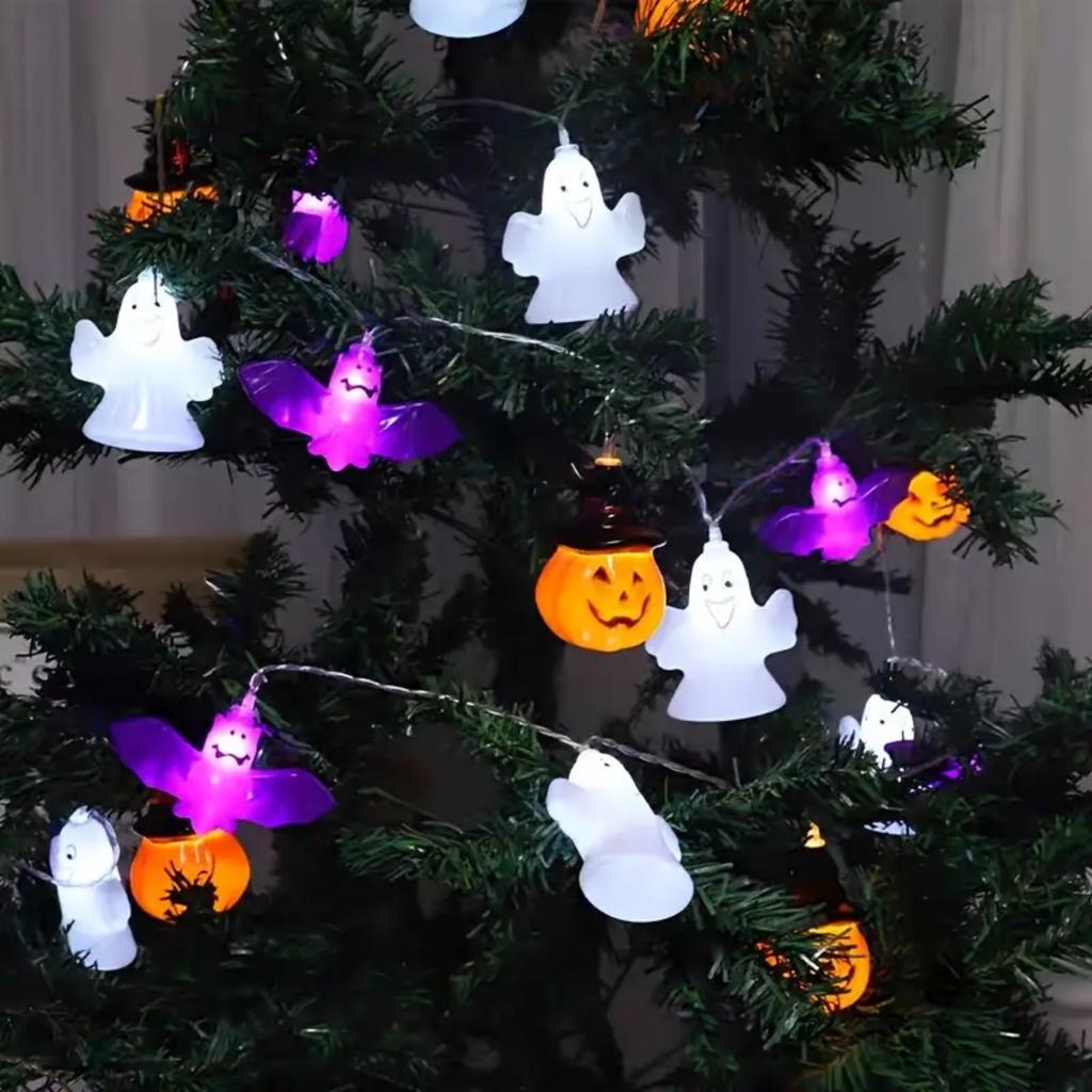1pc Ghostly Halloween LED String Lights Pumpkin Bat Ghost Festive Lights Battery Powered For Home Indoor Outdoor Garden Decor