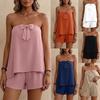 Women Spring Summer Ruffled Edge Casual Two Piece Set Strapless Top Shorts Elegant Commuter Outfit