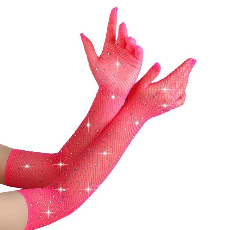 2 Pair Mesh Gloves Fishnet Crystal Rhinestone Long Full Finger Arm Opera Party Lace