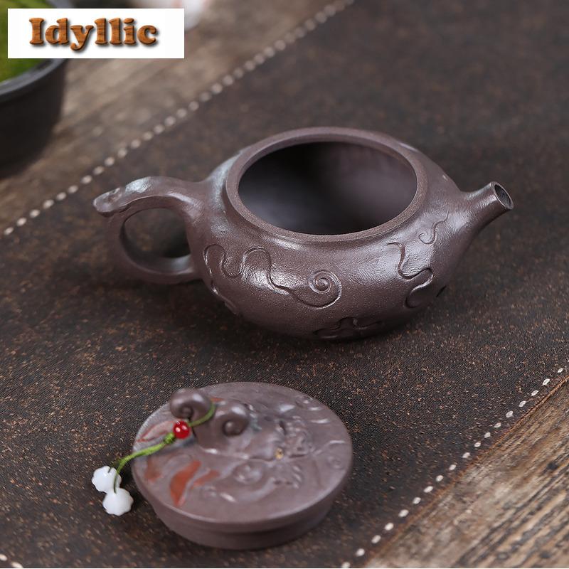 300ml Elegant Yixing Purple Clay Teapots Handmade Auspicious Beast Weekly Count Pot Raw Ore Azure Mud Kettle Zisha Tea Set Craft