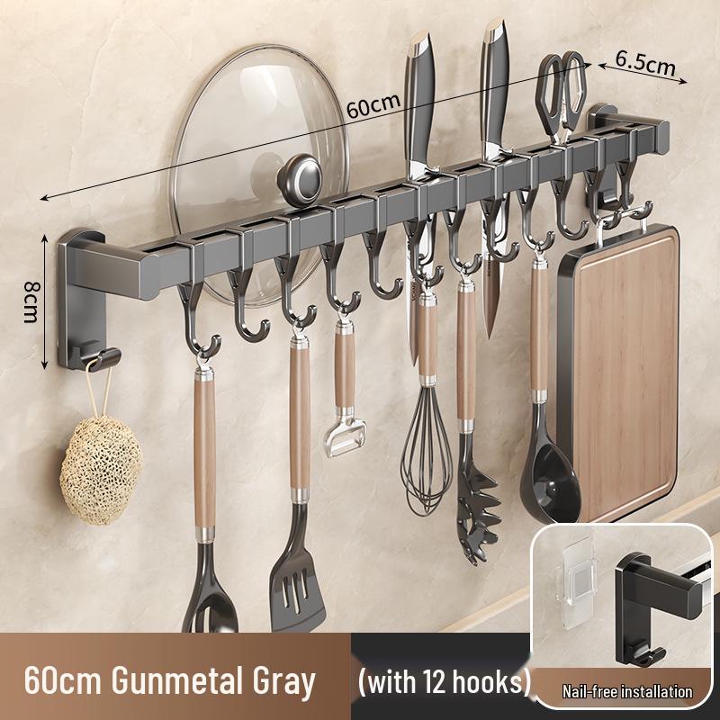 Black Traceless Adhesive Kitchen Storage Rack: Punch-Free Wall-Mounted Pot Lid, Knife Holder, Multi-Functional Hooks
