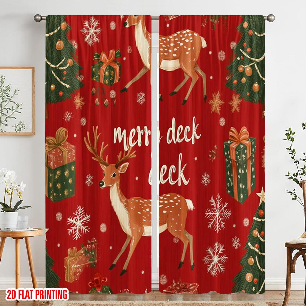 2pcs,2D Plane Printing Light Filtering Curtains Deer Christmas Trees Snowflakes Gifts Durable 100% Polyester Fabric (without