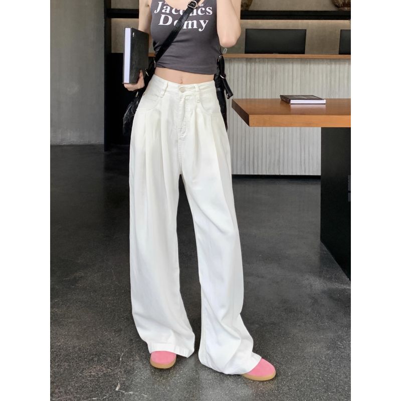 White Loose Summer High Waist Drape Mop Wide Leg Pants
