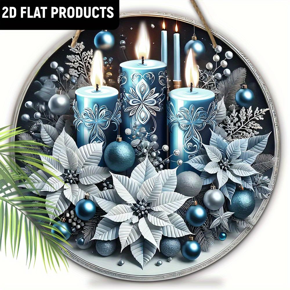 Wooden Charming Blue Candles & Flowers Ornament - for Door, Wall, Home, Room, Farmhouse, Street, Shop, Garage, Bar, Garden, and Coffee House Decor