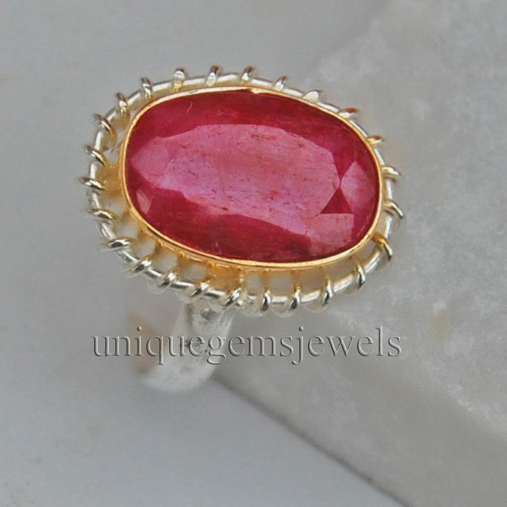 Reichhaltiger Pink-Roter Roher Rubin 925er Sterlingsilber Gelbgold Ring Schmuck, Zweifarbiger Rubinring, Handgefertigtes Geschenk Rubinring