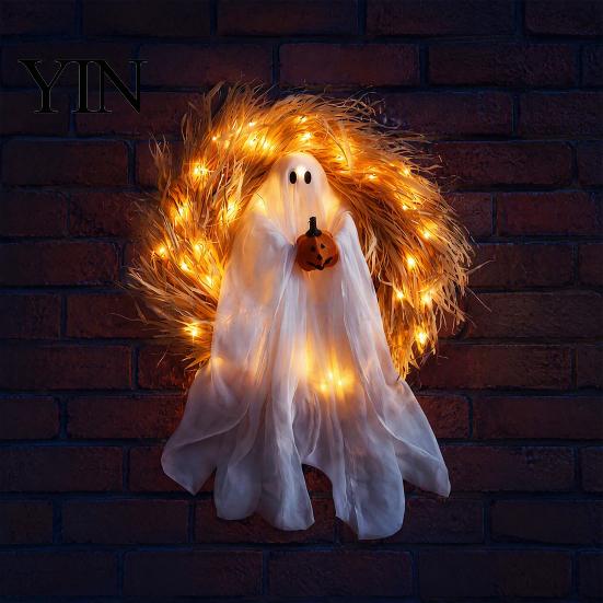 Halloween Night Tour Ambience 68cm Glowing Ghost Wreath Door Hanger, Light Up Spooky Battery Operated Garland with Pumpkin, Festive Home Ornament for