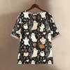 Camicia alla moda e casual da donna a maniche corte con scollo rotondo e stampa, blusa top in cotone e lino