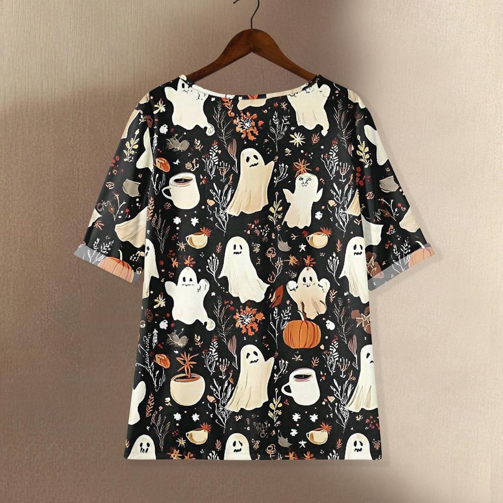 Camicia alla moda e casual da donna a maniche corte con scollo rotondo e stampa, blusa top in cotone e lino