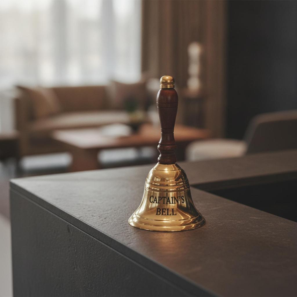 Ship's Bell Decorative Brass Hand with Wooden Handle Vintage for Themed Interior Styling,