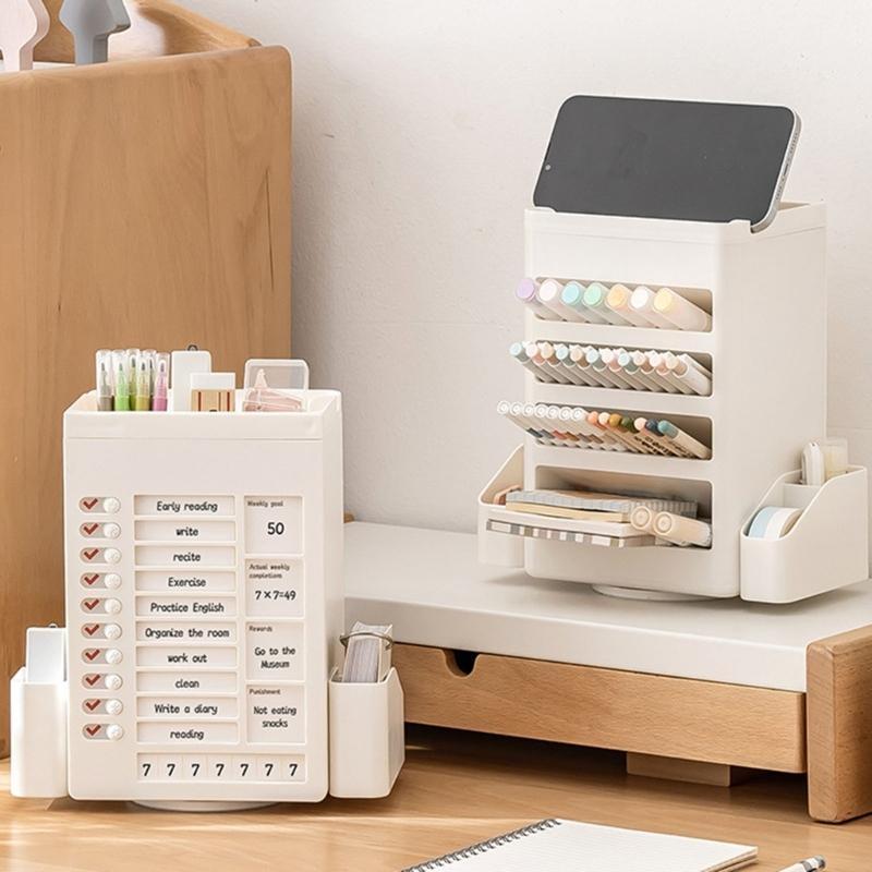 W89C Multifunctional Pen Holder with Chores Chart Checklist Task Board, Rotating Obliqued Pen Holder Office Desk Organisers
