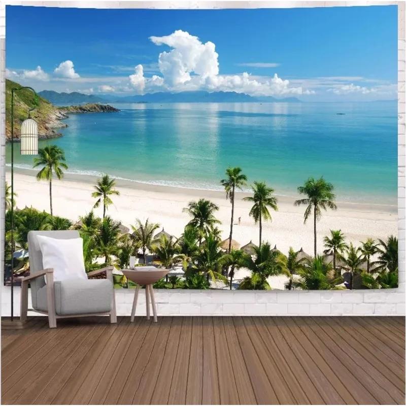 Tropical Beach Tapestry Ocean View with Palm Trees and Blue Sky Wall Hanging Decor for Bedroom Living Room 100X70CM