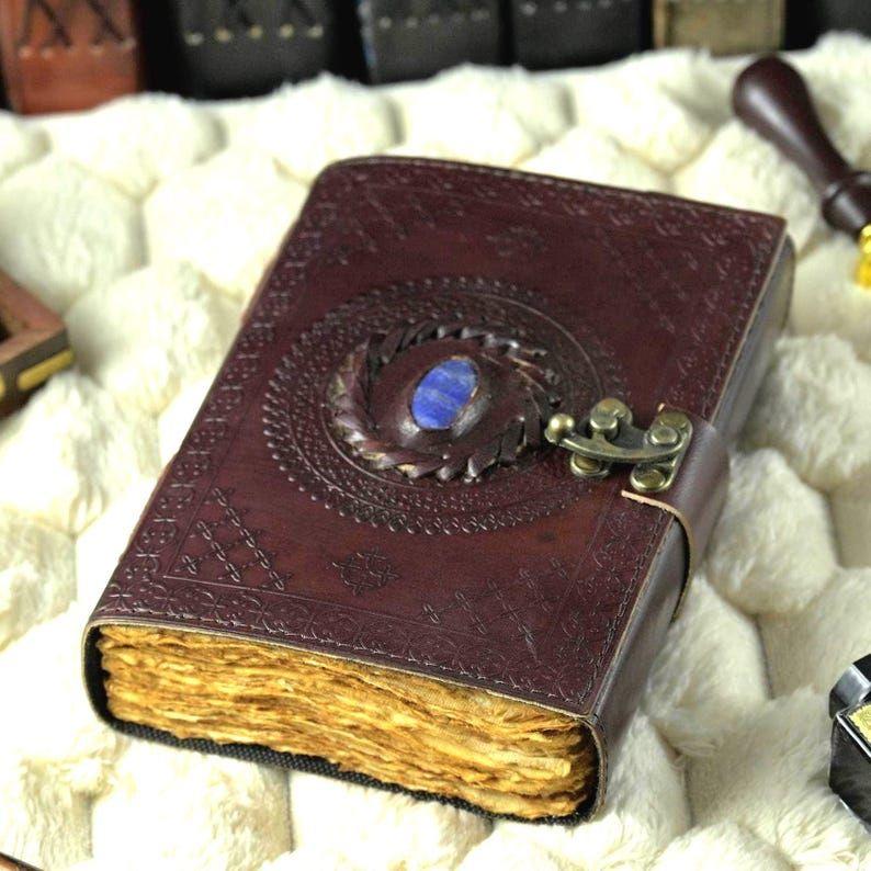 Embossed Leather Book of Shadows: Lapis Lazuli Grimoire Journal