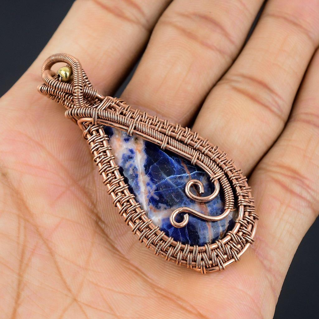 Sodalite Pendant, Gemstone 999 Copper Wire Wrapped Jewelry Pendant, Handmade Jewelry Birthstone Pendant, Gift For Him