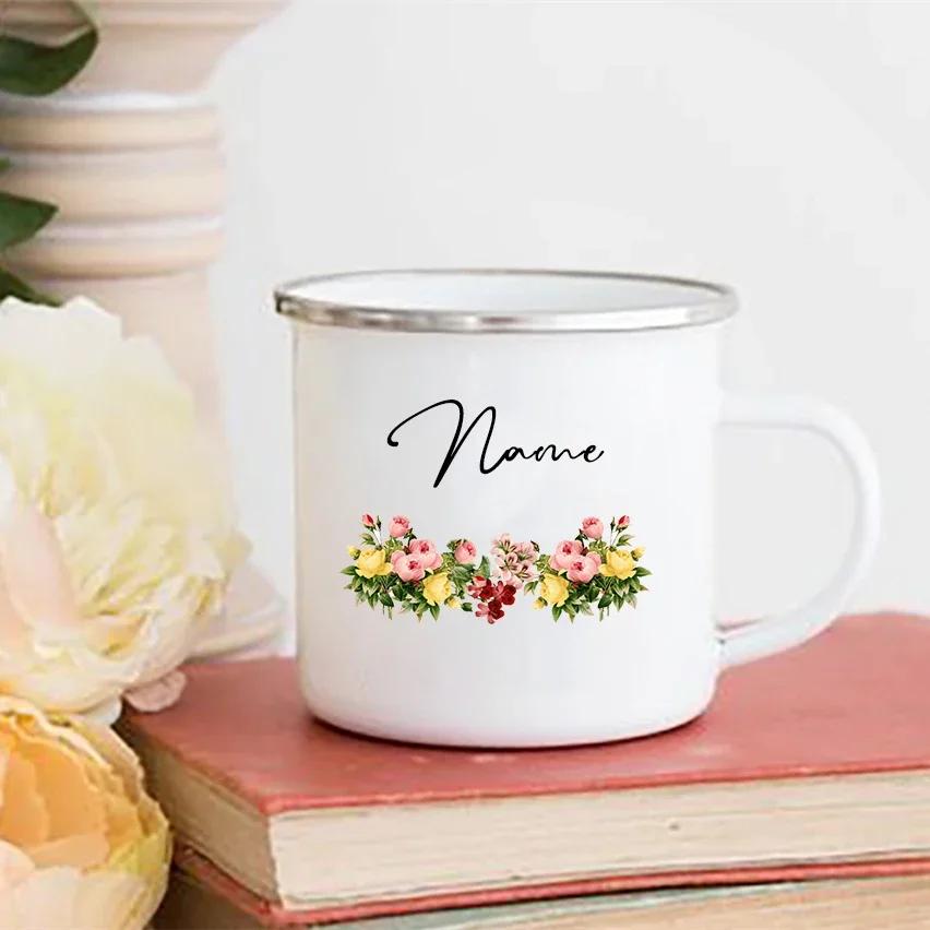 Personalized Flower Custom Name Enamel Mugs Summer Outdoor Coffee Juice Mug Picnic Camping Handle Cup Teacher Mother Friend Gift