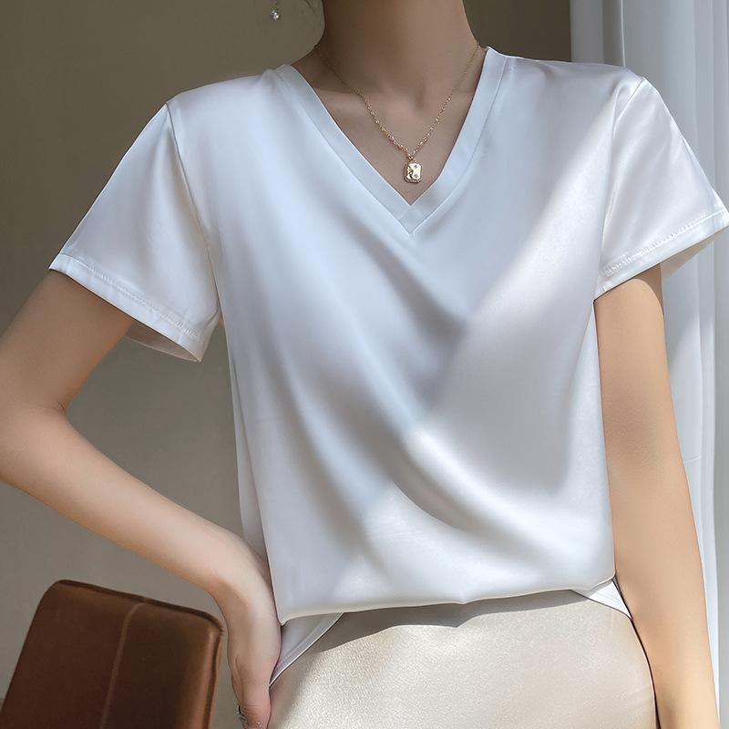 Silk T-shirt for Women Spring and Summer Short Loose V-neck Solid Colour Texture Simple Inner Short-sleeved Top