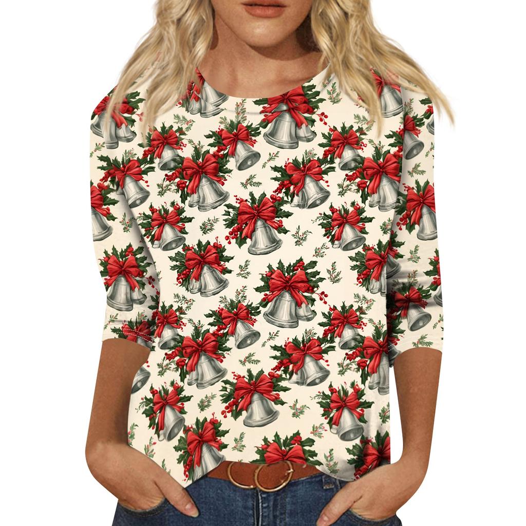 Women's Casual Christmas Printed Three-Quarter Sleeve Neck T-Shirt Tee Top
