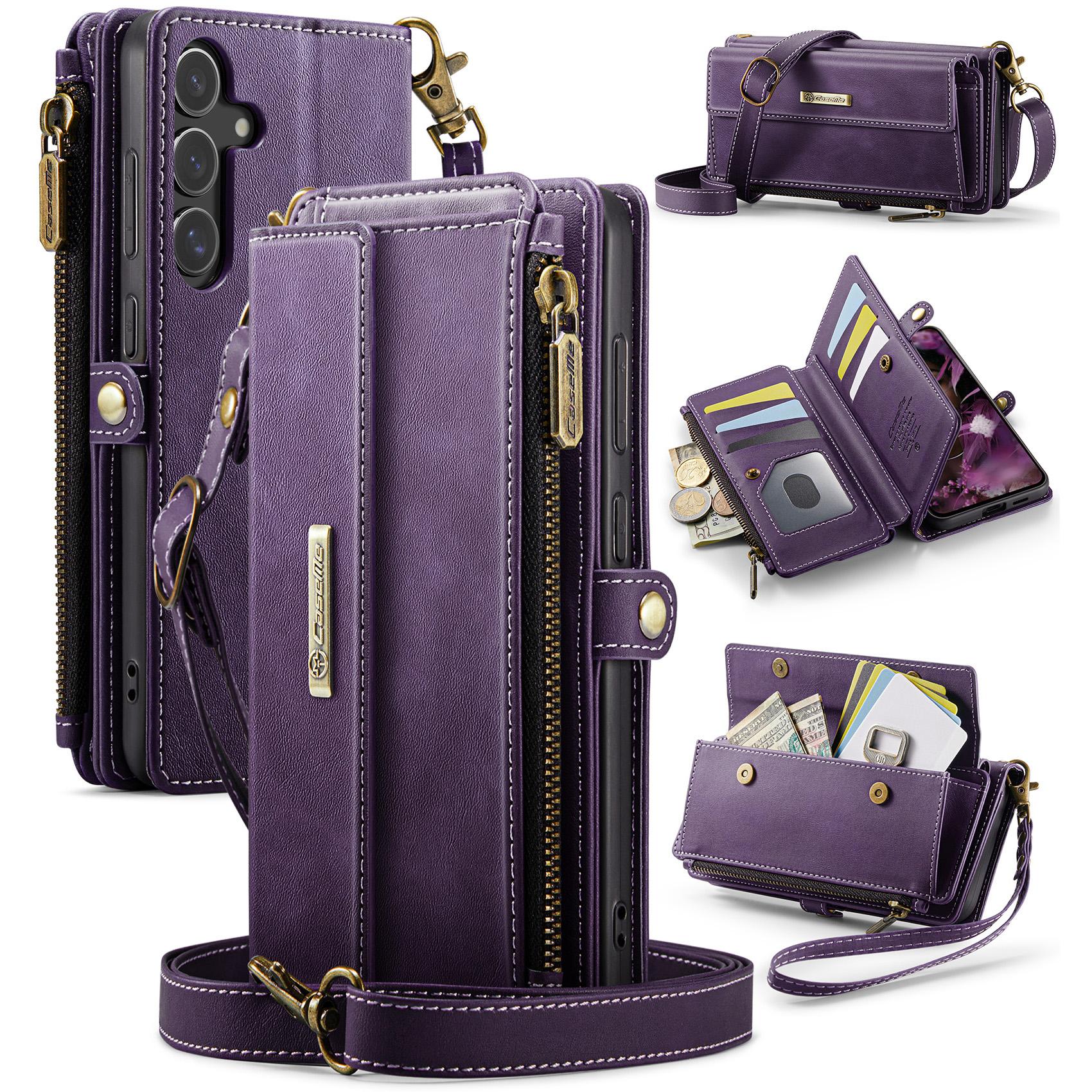 

For Samsung Galaxy S25+ Case CASEME C39 RFID Blocking Zipper Wallet Stand Leather Cover with Strap Purple