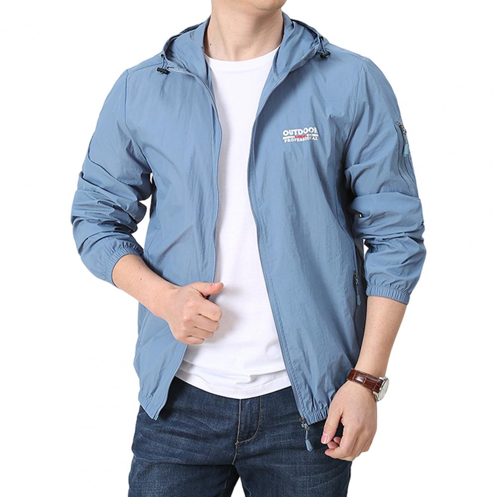 Men Summer Sun Coat Hooded Drawstring Long Sleeve Anti UV Jacket Letter Print Zipper Placket Windbreaker