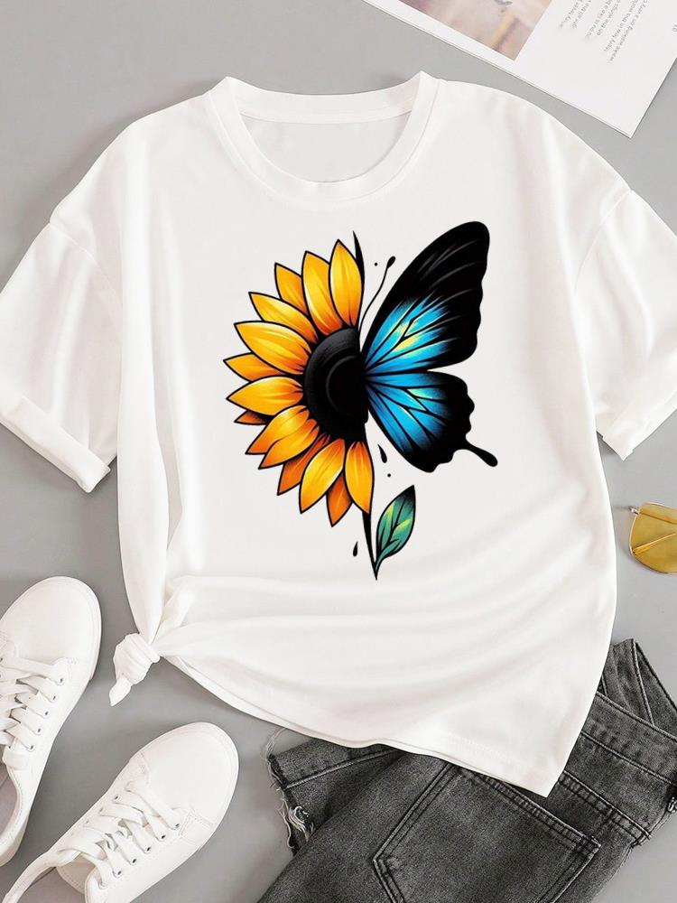 (Asian Size) sweet flower feather Short Sleeve T-shirts Women's Top T Female Print  Fashion O-neck Casual Clothing  Graphic Tee