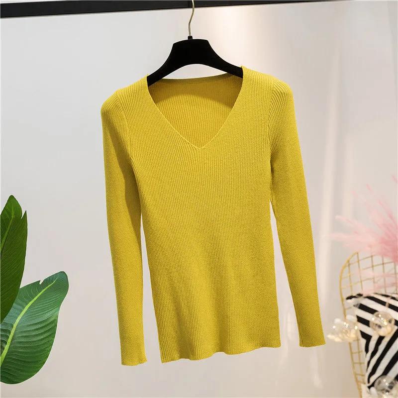 Women Sweater Autumn Long Sleeve Pullover Basic Top Fashion V-neck Elastic Female Winter Solid Knitted Jumper Sweater