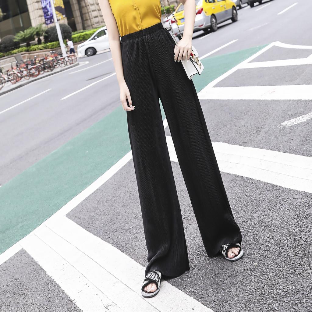 Women's Mid Waist Pleated Chiffon Wide Leg Long Pants High Drape Loose Casual Vacation Trousers