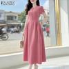 Women Casual Round Neck Solid Color Elegant Short Sleeve Dress