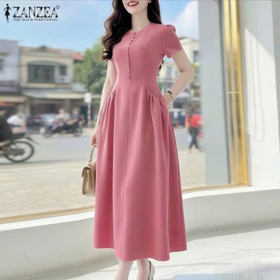 Women Casual Round Neck Solid Color Elegant Short Sleeve Dress