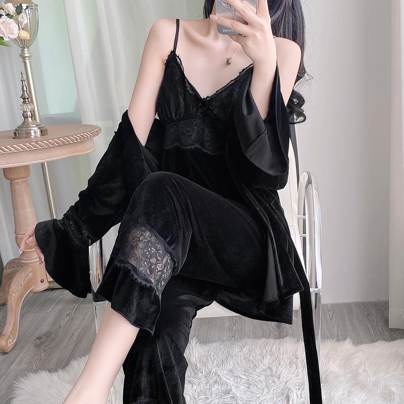 Autumn Winter Velvet 3PCS Pajamas Set Sleepwear Sexy Lace Bathrobe Trouser Suits Loose Casual Velour Home Clothing Loungewear
