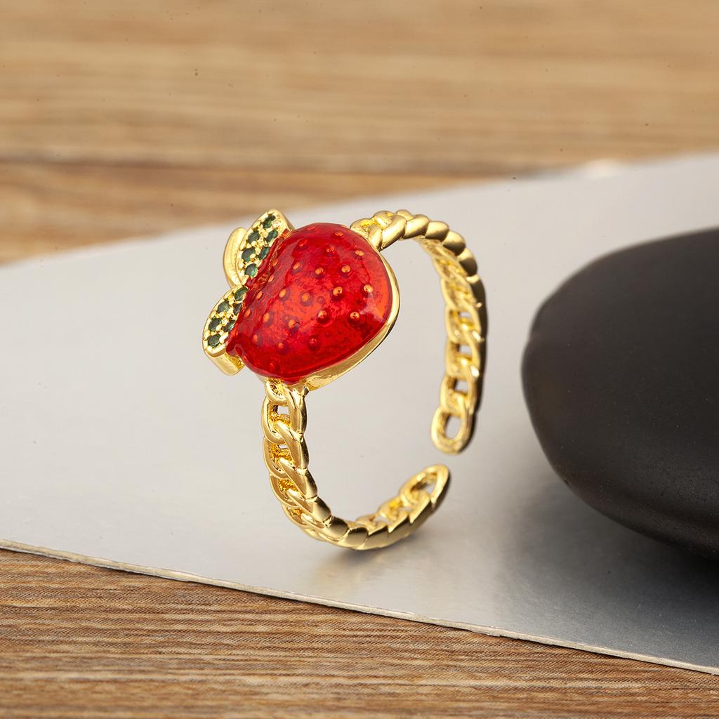 Nidin New Fashion Strawberry Shape Enamel Dripping Oil Open Rings For Women Female Inlaid Green Zircon Adjustable Finger Jewelry
