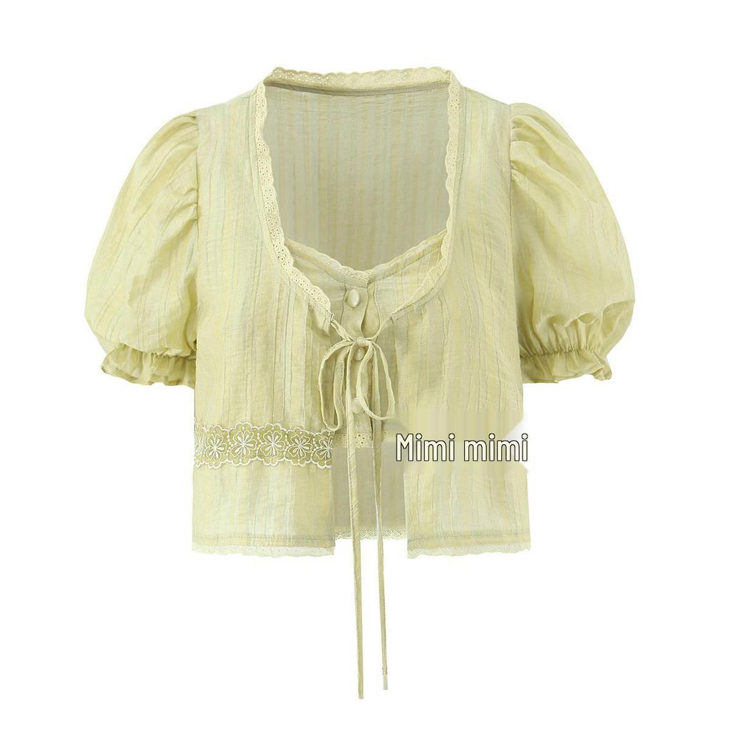 2026 Women's Embroidered Two-Piece Set: Sweet & Spicy Slim Fit Puff Sleeve Lace-Up Shirt + Short Camisole Vest