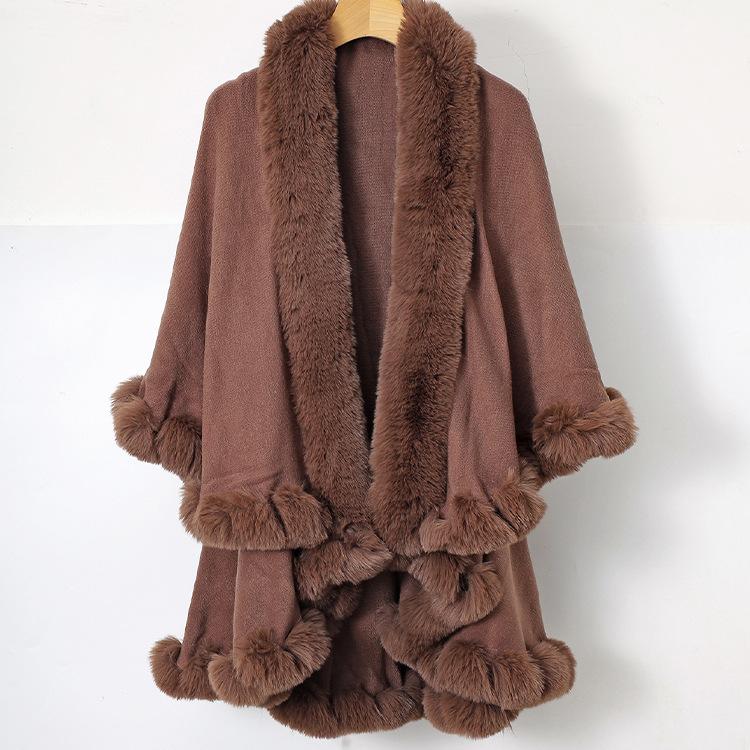 Women Double‑Layer Faux Fur Trim Poncho Shawl Winter Warm Open Front Cape Outerwear