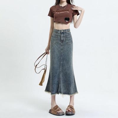 Vintage Old Half-body Skirt Denim Skirt Female Package Hip Design Sense Raw Edge Fishtail Skirt In Long Summer Comfortable Fashion Denim Bustier Skirt