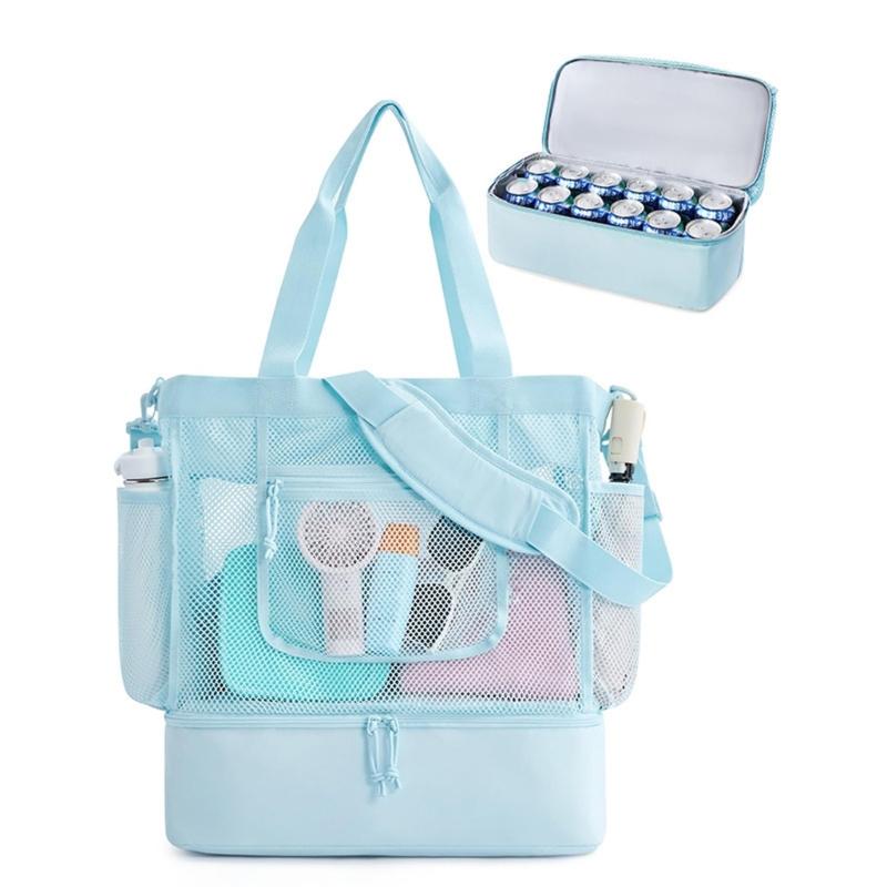 

Mesh Beach Toted Bag with Coolers Compartment Insulated Detachable Picnic Bag with Zipper and Pocket Pool Bag for Women синий