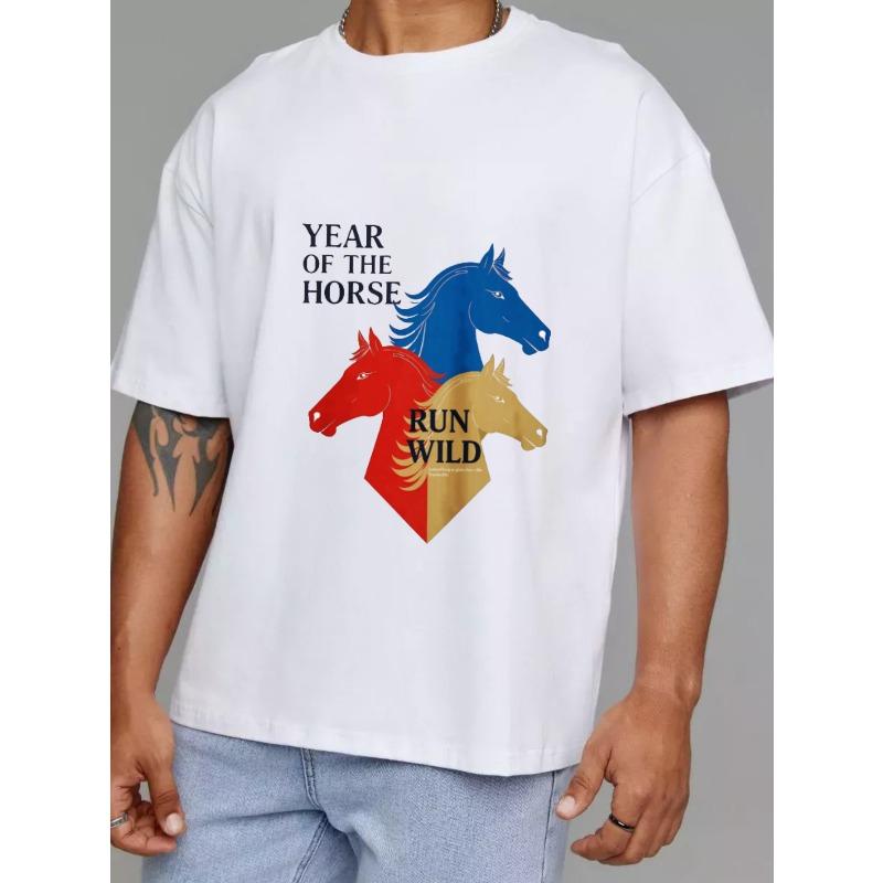 Crew Neck T Shirt White Year Of The Horse Run Wild Horse Head Graphic For Casual Wear