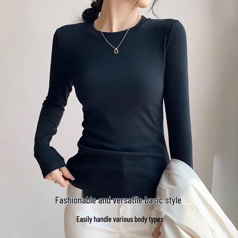 Women's Ribbed Knit Fleece-Lined Round Neck Long Sleeve Base Layer T-Shirt