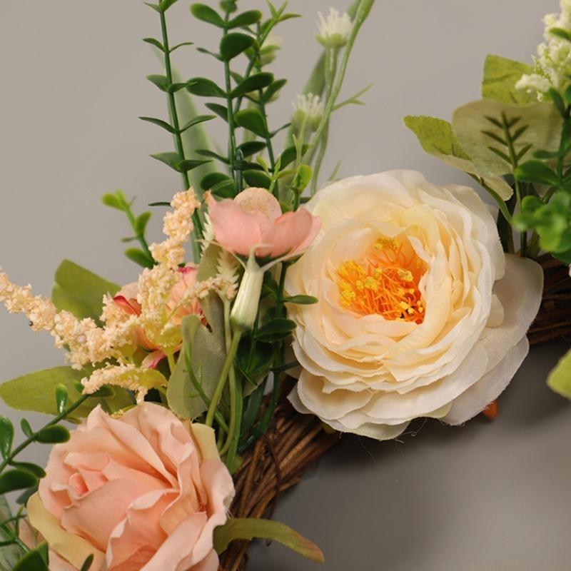 QX2E 15.7" Artificial Rose Wreath Front Door Decorations 40cm Wreath with Hydrangea & Green Leaves Wreath for Wall Decor