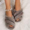 Fashion Women's Warm Plush Cross Strap House Slippers Fashion Chain Decor Fluffy Fur Slides Woman Autumn Winter Open Toe Furry Slippers