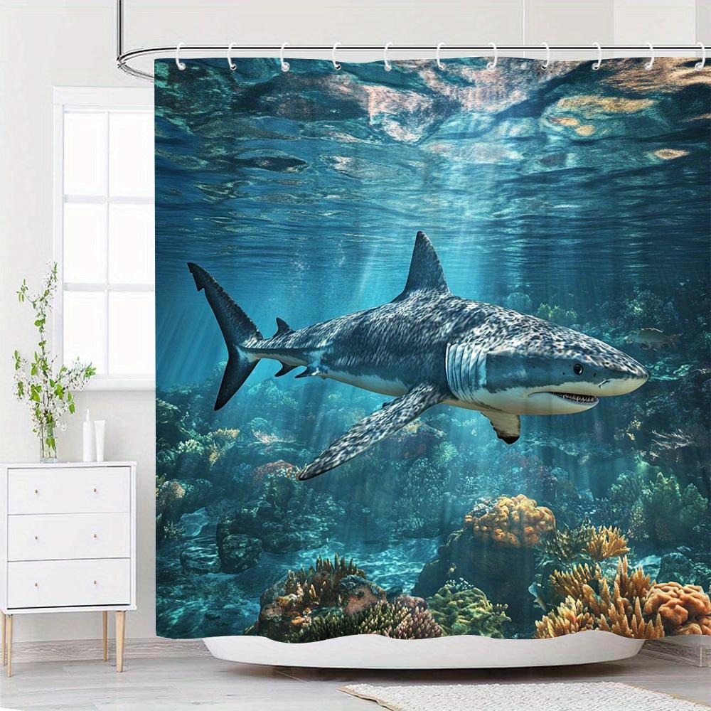 

1Pc Ocean Adventure Shower Curtain With Great White Shark And Vibrant Coral Reef Design, Polyester Fabric, 12 Hooks, 70X70 Inche W60H190(CM)-1 Pcs