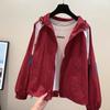 Autumn Women's Casual Colorblocking Splicing Lapel Long Sleeve Hooded Sun Protection Jacket