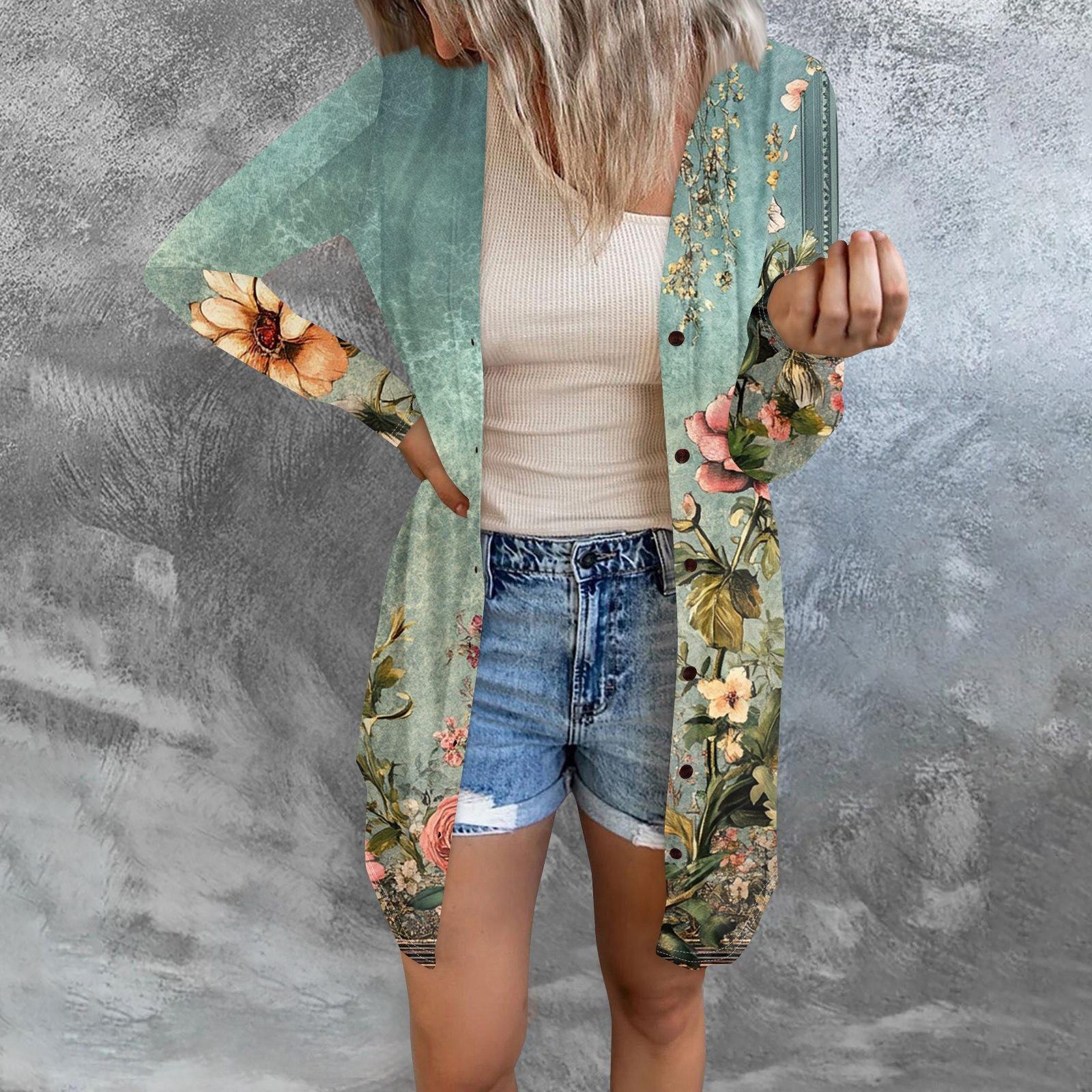 

Women s Fashion Casual Long-sleeved Print Medium Length Cardigan Button Jacket Coat XXL темно-зеленого