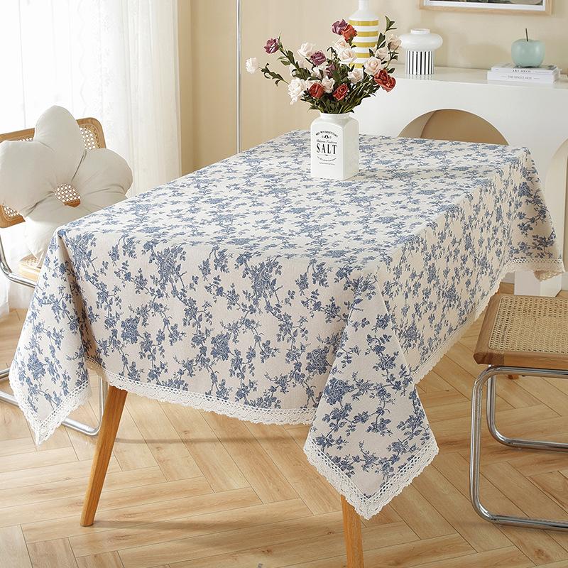 Blue Floral Pastoral Tablecloth, Vintage Cotton Linen Rectangular Table Cover  For Dinner Picnic Coffee Party Table Home Decor