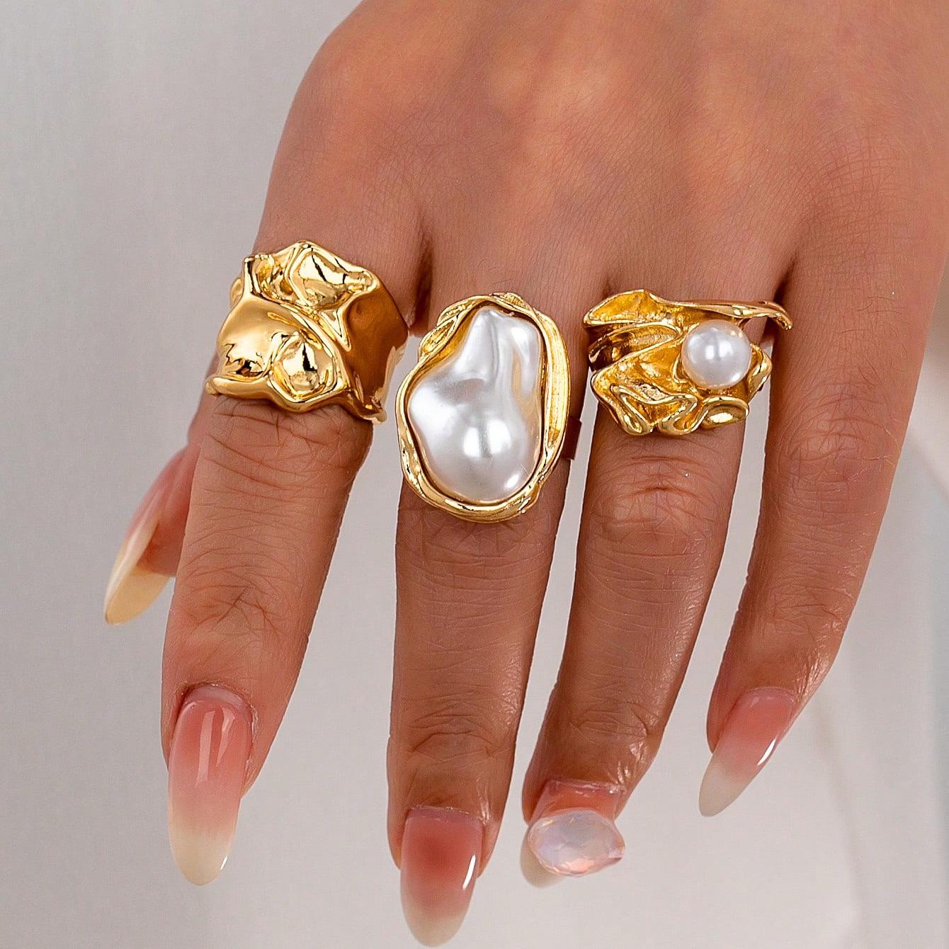 French Baroque Faux Pearl Open Adjustable Ring, Women s Vintage Flower Jewelry Set