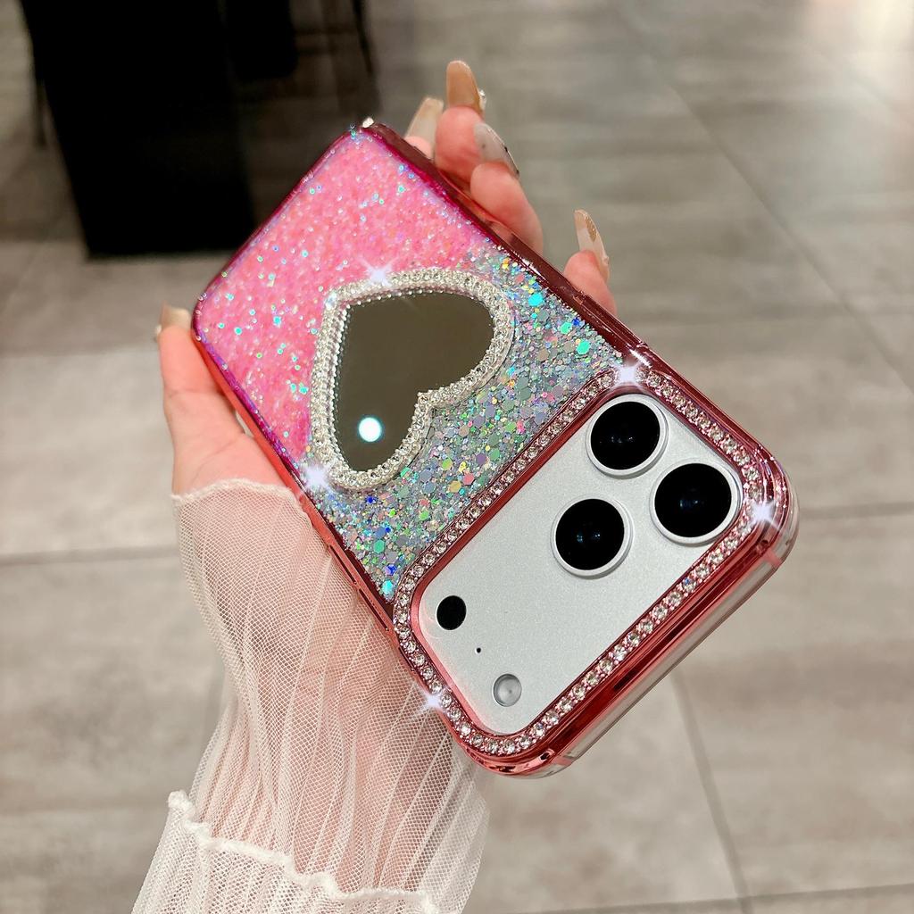 Glitter Epoxy Heart Mirror Rhinestone Case for iPhone 15/16/17 Pro Max